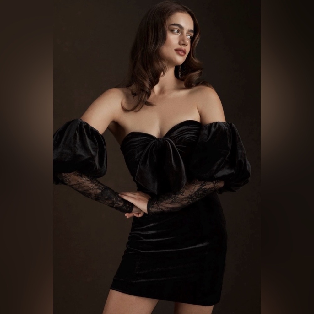 NEW Ronny Kobo Collection Black Strapless Velvet Mini Dress Detachable Sleeves